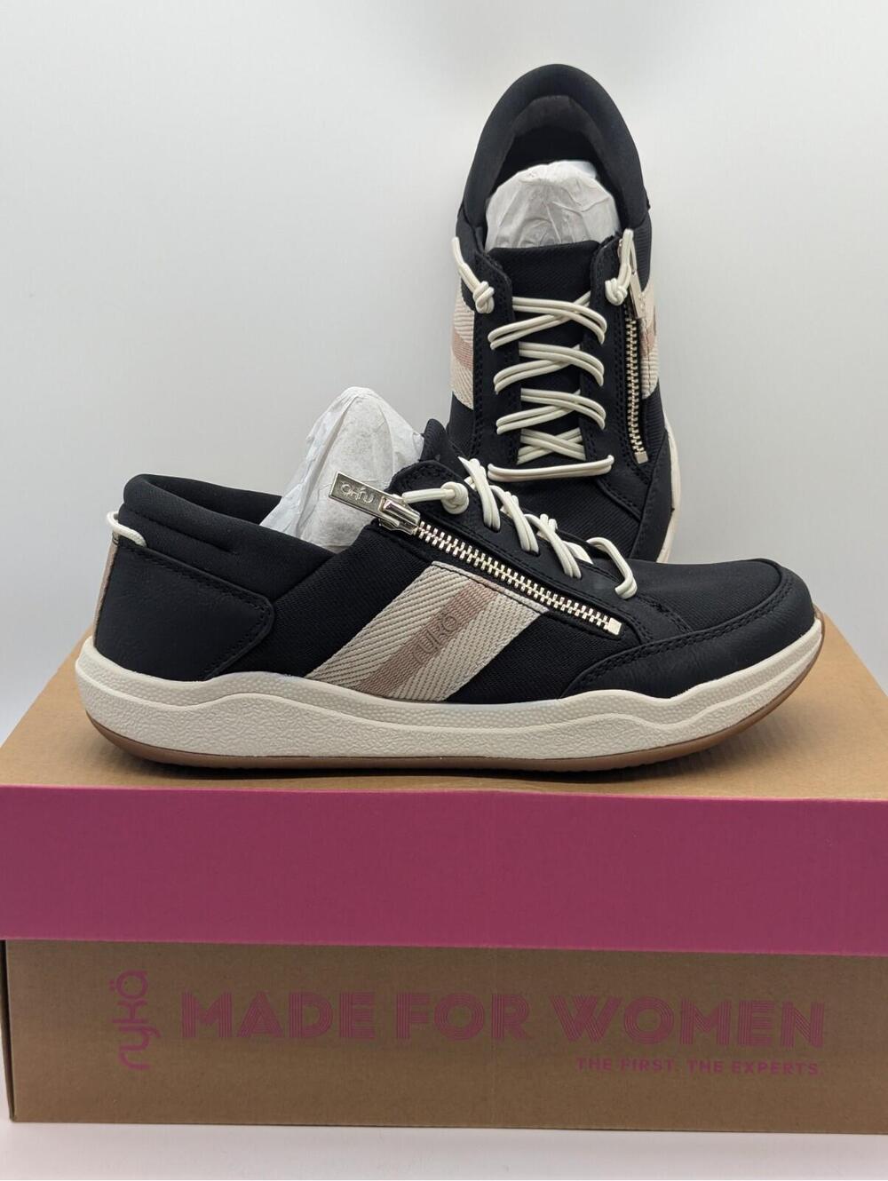 Womens Size 5.5 Ryka Carefree Sport Zip Up Slip On Shoes Sneaker Black White New